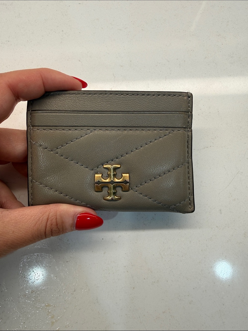Tory Burch Quilted Leather Card Holder in Taupe with Gold Logo